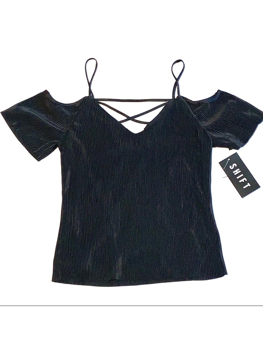 SHIFT Black Shiny Textured Stripe Strappy Crisscross Cut Out Cold Shoulder Top S